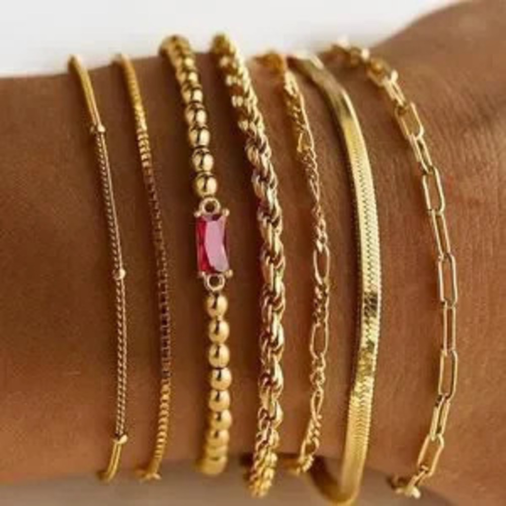 NEW?14K Real Gold Plated Beaded Bracelets Rope Paperclip Chain Stackable - Picture 1 of 1